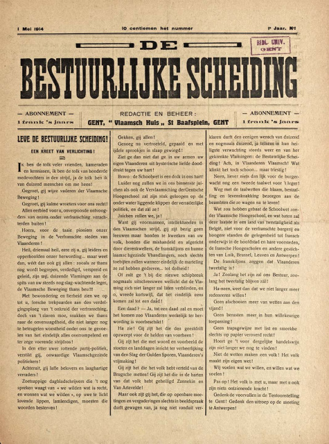 Voorpagina van het weekblad De Bestuurlijke Scheiding, jr. 1, 1 mei 1914, nr. 1. (Universiteitsbibliotheek Gent)