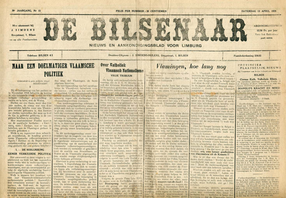 Voorpagina van De Bilsenaar, jg. 39, 13 april 1929, nr. 15. (ADVN, VY900000/813)