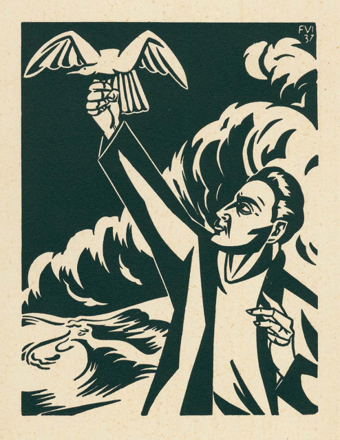 Albrecht Rodenbach houdt een Blauwvoet in de lucht, 1937. Houtsnede van Frans van Immerseel. (ADVN)