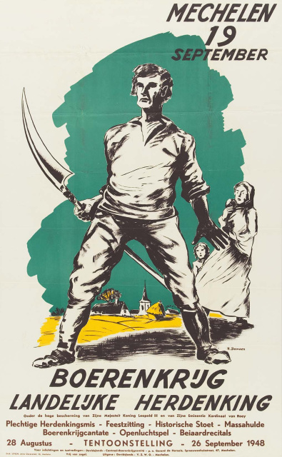 Affiche van het Davidsfonds naar aanleiding van de landelijke herdenking van de Boerenkrijg in Mechelen op 19 september 1948. Ontwerp affiche Renaat Demoen. (KADOC, kcc001592)