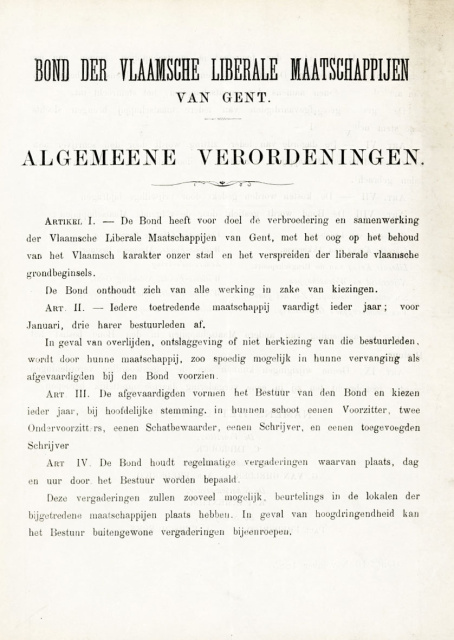 Omzendbrief met het reglement van de Bond der Vlaamsche Liberale Maatschappijen van Gent, 16 november 1885. (Liberas, OWF/B /2.56.347)