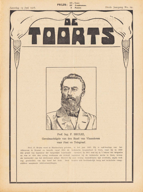 Ferdinand Brulez wordt gehuldigd in het activistische blad De Toorts (15 juni 1918) als lid van de Raad van Vlaanderen. (ADVN, VY553)