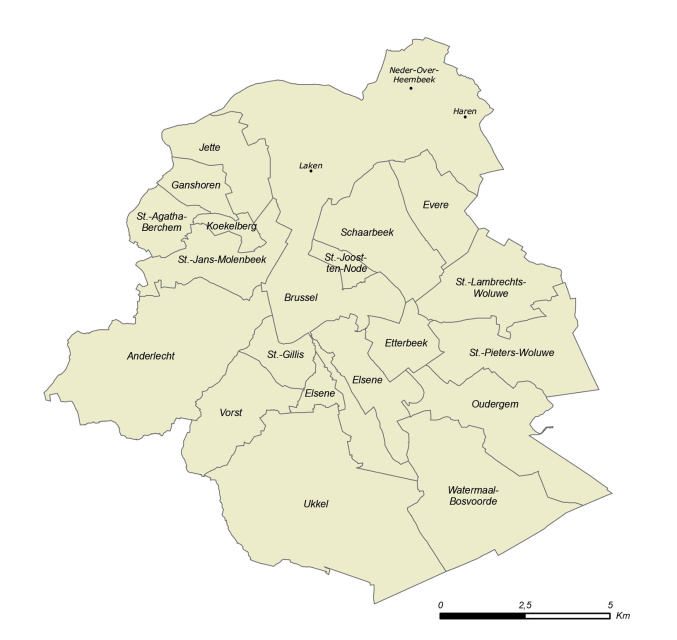 De 19 gemeenten van het Brussels Hoofdstedelijk Gewest. Kaart uit: Petra Gunst, Brussel en de Vlaamse Rand, een verhaal van migraties en grenzen, 2008.