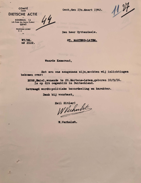 Document met betrekking tot de inlichtingsactiviteiten van het Comité voor Dietsche Actie, ondertekend door Willem Verhulst, 17 maart 1942. (Rijksarchief Gent)