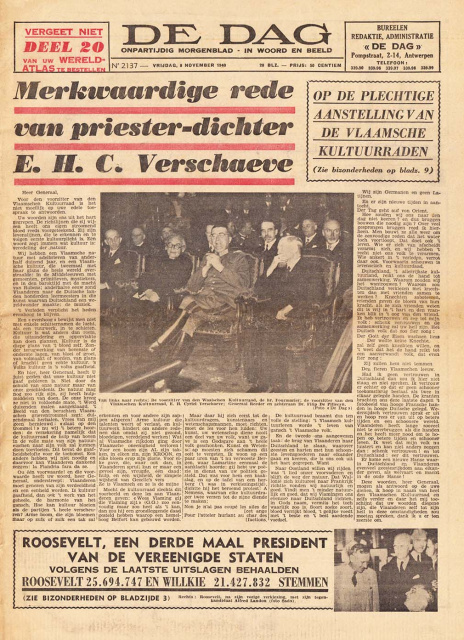 Voorpagina van De Dag, 8 november 1940. (ADVN, VY900104)