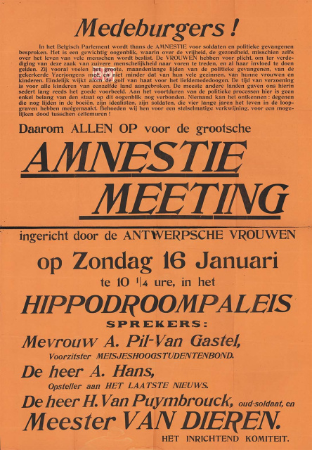 Affiche voor een amnestiemeeting ingericht door het Damescomité voor Amnestie, met onder meer Maria van Gastel als spreker, 16 januari 1921. (Collectie Stad Antwerpen, Letterenhuis, tglhps46925)