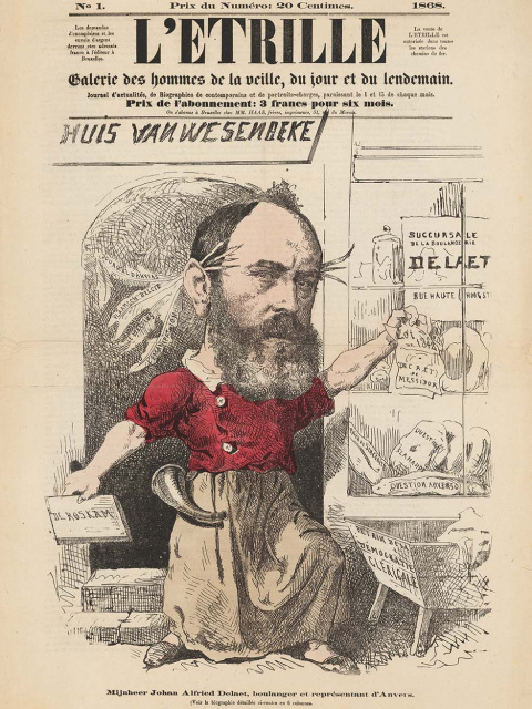 De karikatuur op de omslag van L'Etrille, 1868, nr. 1, verwijst naar de veelzijdige carrière van Jan de Laet. (Collectie Stad Antwerpen, Letterenhuis, tglhpr9258)