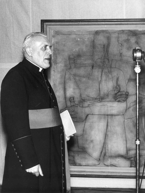 Louis de Raeymaeker tijdens de opening van de tentoonstelling 'Vlaams Expressionisme' in het Leuvens Universitair Kunstcentrum, 15 maart 1955. (KADOC, kfb003625)