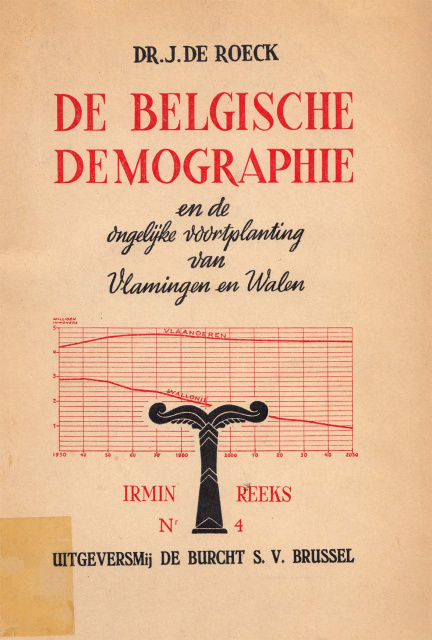 Omslag van De Belgische demographie en de ongelijke voortplanting van Vlamingen en Walen (1944), van Jan de Roeck, uitgegeven bij De Burcht. (ADVN, VB3349)