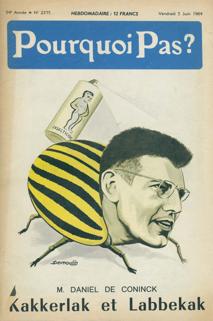 Het Brusselse weekblad Pourquoi Pas? (5 juni 1964) neemt in de aanloop van de gemeenteraadsverkiezingen Daniël Deconinck op de korrel. (ADVN, VY1961)
