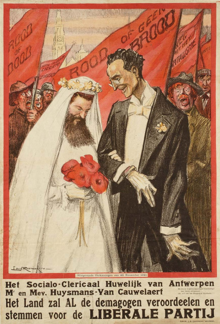 "Het mystieke huwelijk". Affiche uitgegeven door de Liberale Partij voor de wetgevende verkiezingen van 1921. De liberale campagne viseerde vooral Huysmans, met Van Cauwelaert in de rol van onderdanige bruid. Ontwerp Louis Raemaekers. (ADVN, VAFC93)