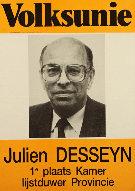 Verkiezingsaffiche van Julien Desseyn voor de parlements- en provincieraadsverkiezingen van 13 december 1987. (ADVN, VAFA1091)