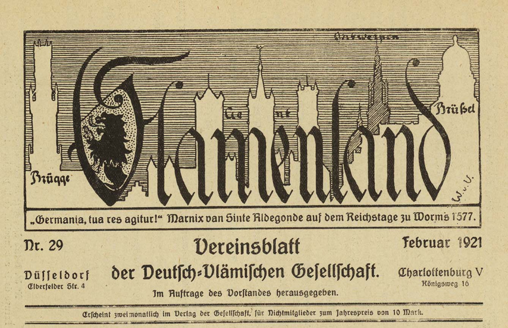 Hoofding van Vlamenland, het verbondsblad van de Deutsch-Flämische Gesellschaft, februari 1921. (Universiteitsbibliotheek Gent)