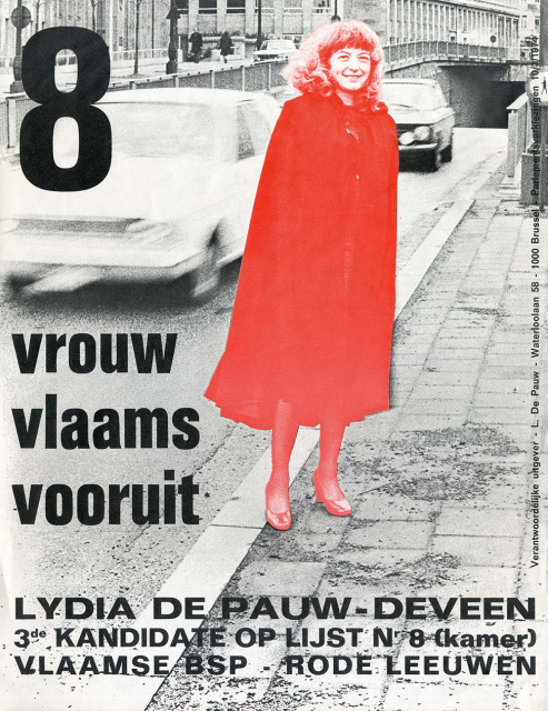Verkiezingsaffiche van Lydia Deveen, BSP-Rode Leeuwen, voor de parlementsverkiezingen van 10 maart 1974. (Amsab-ISG, af012026)