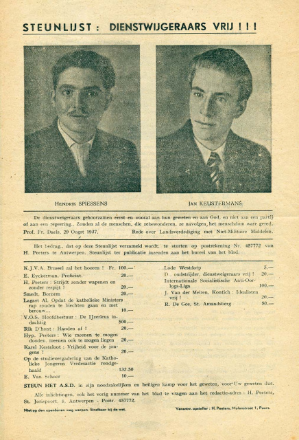 Steunlijst voor dienstweigeraars in het Mededelingsblad van het Algemeen Steuncomit&amp;eacute; voor Dienstweigeraars om Gewetensbezwaren, 23 juli 1939, nr. 2. (ADVN, SPE89)