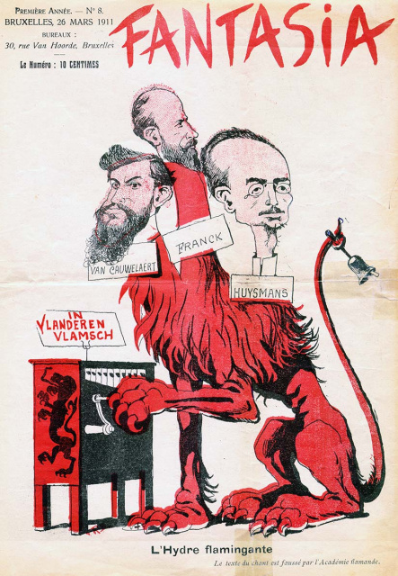 Franstalige karikatuur van de "Drie Kraaiende Hanen" die ijveren voor een Nederlandstalige universiteit en een eentalig Vlaanderen, s.d. (ADVN, VY900000/1286)