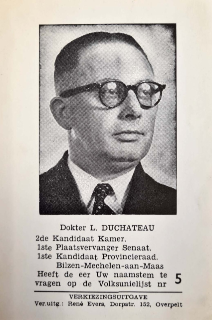 Verkiezingsdrukwerk van Laurent Duchateau, parlementsverkiezingen 1958. (ADVN, D20038)
