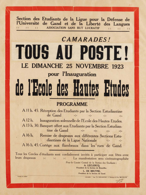 Aankondiging van de inhuldiging van de Ecole des Hautes Etudes, 25 november 1923. (Collectie Universiteitsarchief Gent)