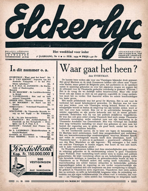 Voorpagina van Elckerlyc, jg. 5, 11 februari 1939, nr. 6. (ADVN, VY900361)