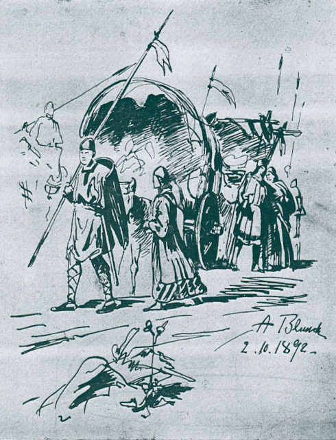 Een groep 'Flamingi' trekt in huifkarren naar het Oosten. Tekening uit: Otto Bölke, Auf dem Fläming. Zwischen Wittenberg und Jüterbog. 'Ein klein Vlaanderen in Duitschland', 1936. (ADVN, D13120)