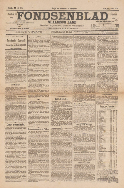 Voorpagina van Het Fondsenblad, jg. 45, 1914, nr. 173. (Universiteitsbibliotheek Gent)