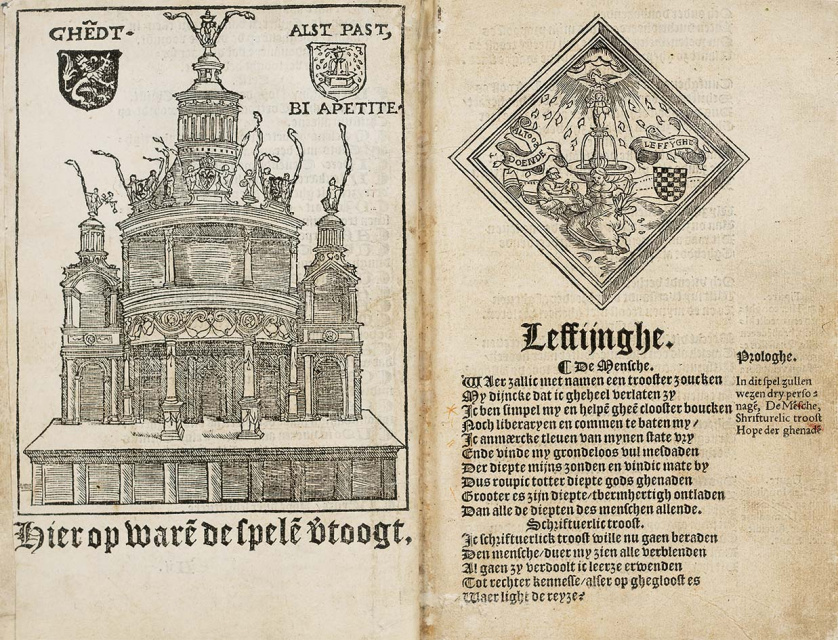 De rederijkerskamer De Fonteine werd op 9 december 1448 officieel door het Gentse stadsbestuur erkend en is daarmee een van de oudste rederijkerskamers in Vlaanderen en Nederland. Deze prent toont het podium waarop tussen 12 en 23 juni 1539 negentien allegorische spelen werden opgevoerd tijdens het grootse rederijkersfeest in Gent, alsook het advies van De Fonteine (Alst past, bi apetite). (Universiteitsbibliotheek Gent)