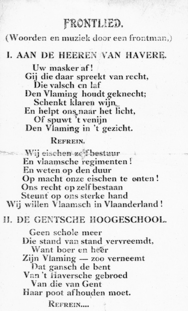 Fragment uit het Frontlied, verspreid in juni 1918. (ADVN, VNEY181/1)