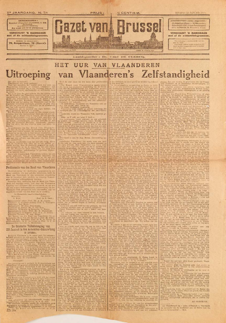 Op 22 januari 1918 berichtte de Gazet van Brussel jubelend over het uitroepen van de Vlaamse zelfstandigheid. (Universiteitsbibliotheek Gent)