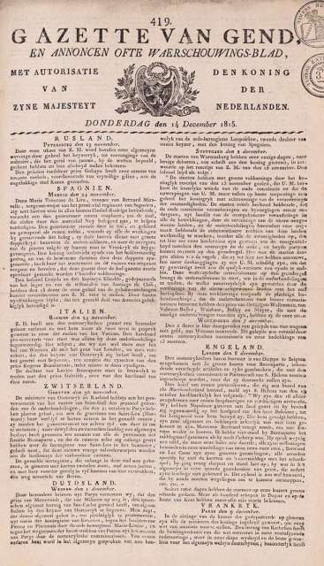 Voorpagina van de Gazette van Gend, 14 december 1815. (Universiteitsbibliotheek Gent)