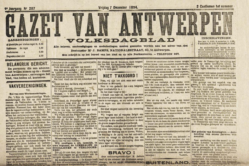 Voorpagina van de Gazet van Antwerpen, 4 december 1894. (Stadsarchief Aalst)