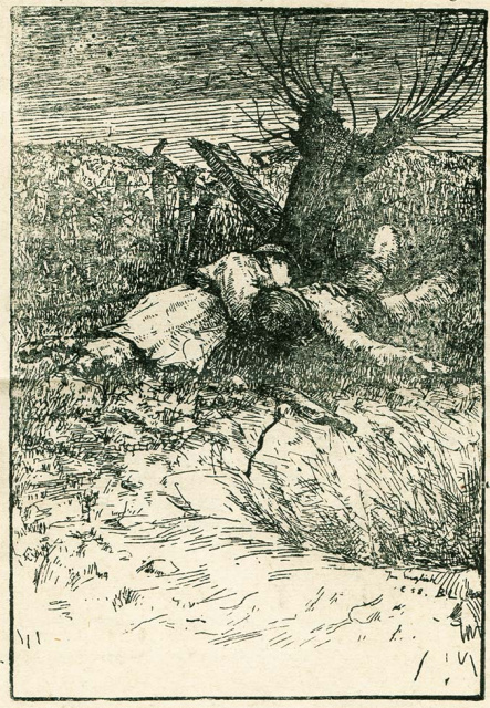 Afdruk van de tekening 'Broederliefde' van Joe English, met de mythische voorstelling van de broers Edward en Frans van Raemdonck. Het is weinig waarschijnlijk dat ze in elkaars armen gestorven zijn. (ADVN, VPR872)