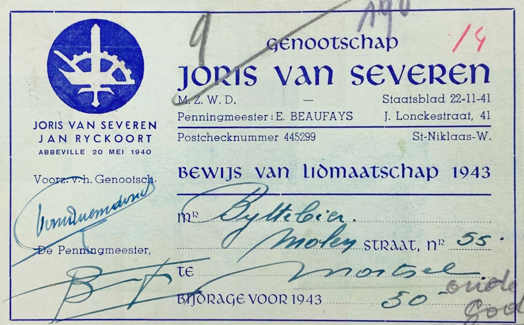 Lidkaart van het Genootschap Joris van Severen, 1943. (Wikimedia Commons)