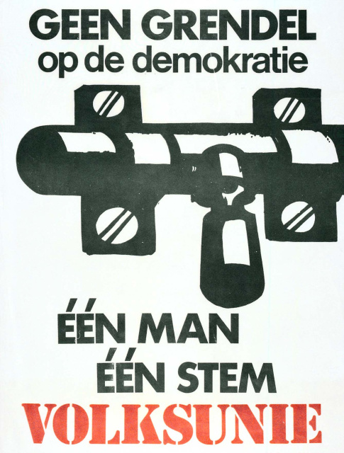Protest van de Volksunie tegen de 'grendelwetten'. Affiche voor de parlementsverkiezingen van 25 maart 1965. (ADVN, VAFA14)