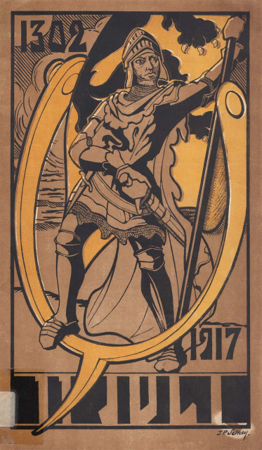 Omslag van een door de Groeningerwacht uitgegeven brochure naar aanleding van een Guldensporenfeest in de Nederlandse Schouwburg in Gent, 11 juli 1917. (ADVN, VBRB3301)