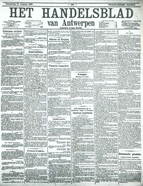 Voorpagina van Het Handelsblad van Antwerpen, 27 augustus 1896. (ADVN, VFB705)