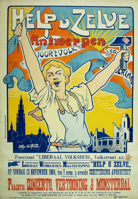 Affiche van de Liberale werkliedenvereniging Help U Zelve, 1904. Afficheontwerp Alfred van Neste. (Collectie Stad Antwerpen, Letterenhuis, tglhps34170)