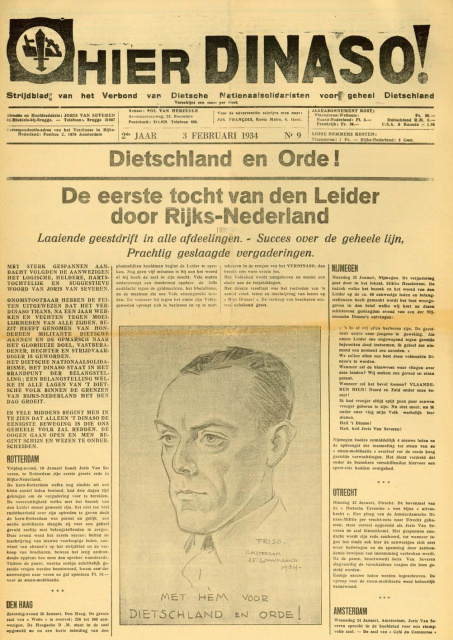 Voorpagina van Hier Dinaso!, jg. 2, 3 februari 1934, nr. 9. (ADVN, VY900015)