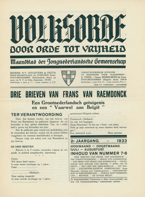Omslag van Volksorde, jg. 2, 1933, nr. 7-8, het maandblad van de Jong Nederlandsche Gemeenschap. (ADVN, VY353)