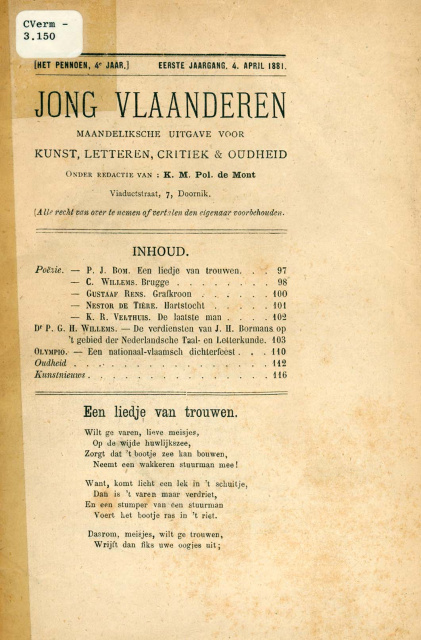 Omslag van Jong Vlaanderen, jg. 1, 4 april 1881. (ADVN)
