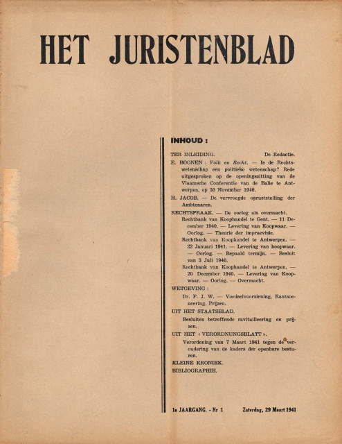 Omslag van Het Juristenblad, jg.1, 1941, nr. 1. (ADVN, VY436)