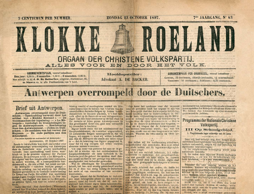 Omslag van het weekblad Klokke Roeland, 23 oktober 1897. (ADVN, VY900000/286)