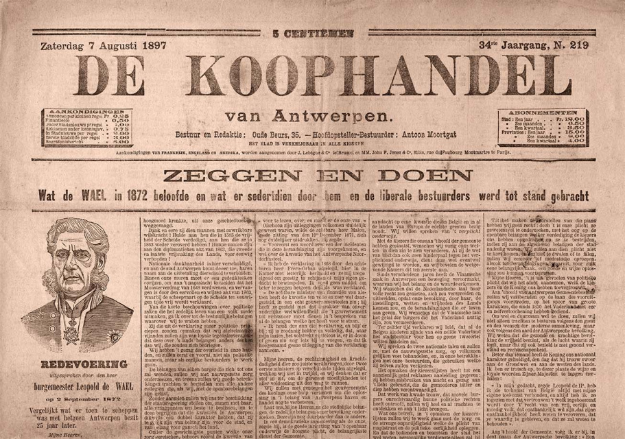 Voorpagina van De Koophandel van Antwerpen, jg. 34, 7 augustus 1897, nr. 219. (ADVN, VY900000291)
