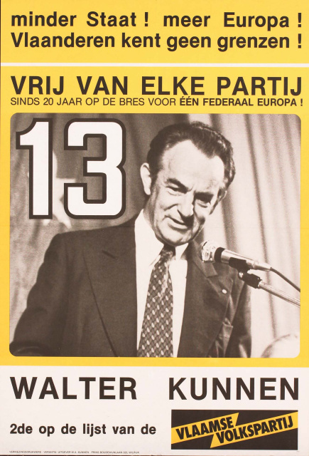 Verkiezingsaffiche voor de Europese verkiezingen van 10 juni 1979. Walter Kunnen stond na Lode Claes op de lijst van de Vlaamse Volkspartij. (ADVN, VAFY89)