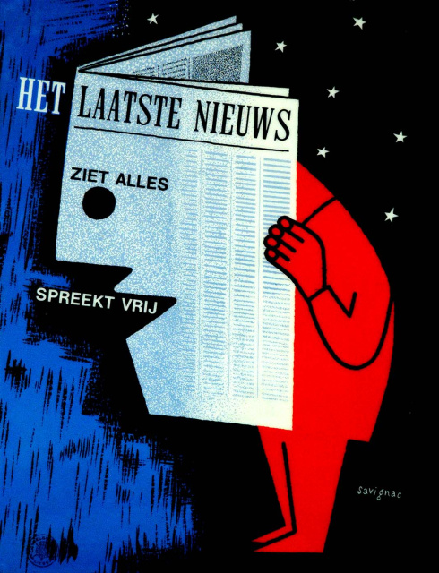 Reclameaffiche met opschrift 'Het Laatste Nieuws/ziet alles/spreekt vrij'. Tekening van Raymond Savignac, jaren 1950. (Liberas, 800233)