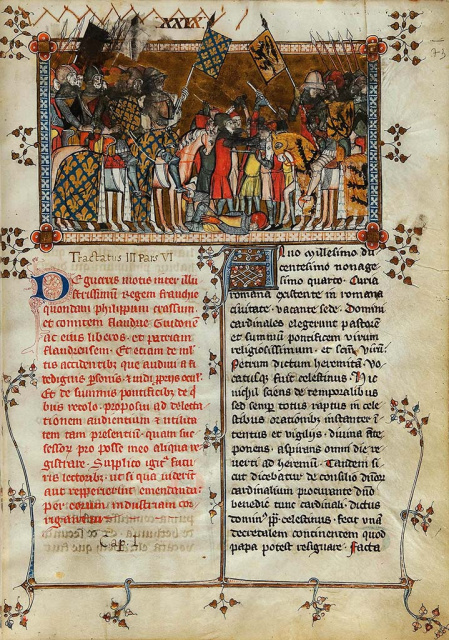 Afbeelding uit de 14de eeuw van de Franse koning Filips de Schone tijdens de Slag bij Pevelenberg (1304), met lelies op zijn wapenrusting en vlag. (Openbare Bibliotheek Kortrijk)