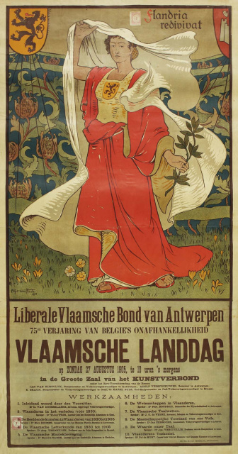 Affiche voor een Vlaamsche Landdag van de Liberale Vlaamsche Bond van Antwerpen naar aanleiding van de 75 jaar Belgische onafhankelijkheid, 27 augustus 1905. Ontwerp Alfred van Neste. (Collectie Stad Antwerpen, Letterenhuis, tglhps5070)