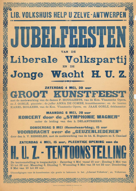 Aankondiging van een meerdaags jubelfeest georganiseerd door de Liberale Volkspartij en de Liberale Jonge Wacht, Antwerpen, s.d. (Collectie Stad Antwerpen, Letterenhuis, tglhps17815)