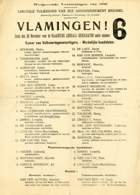 Verkiezingsdrukwerk van de Liberale Volksbond naar aanleiding van de wetgevende verkiezingen in het arrondissement Brussel, 20 november 1921. (Liberas)