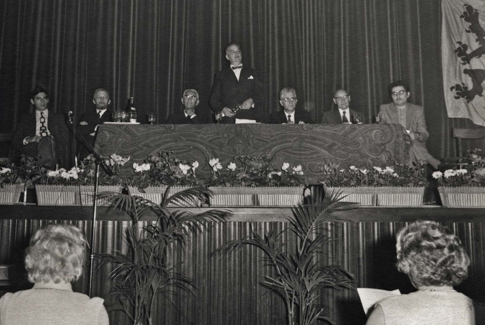 Herdenking van Theo Brouns door het Limburgs offer voor Vlaanderen, 3 oktober 1971. Van links naar rehts: Paul Raskin, Jef Olaerts, Jef Deumens, Flor Wulms, Marcel Beerten, Leo Wouters en Gerard Slegers. (ADVN, VFB2366)