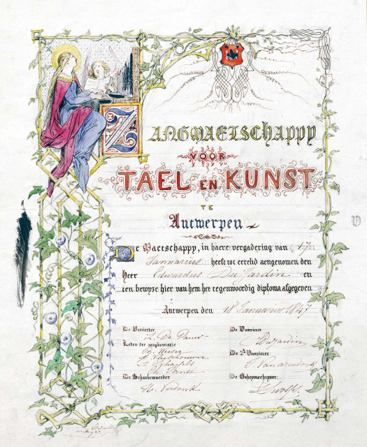 Diploma getekend door Edward Dujardin, 1847. ‘Voor Tael en Kunst’ is het devies van de Maatschappij tot Bevordering der Nederduitsche Tael- en Letterkunde. (Collectie Stad Antwerpen, Letterenhuis)